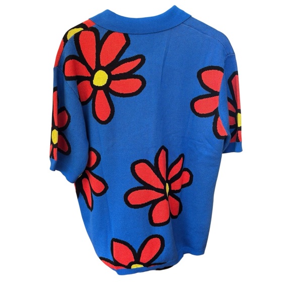 WESC Collar Blue w/Red Floral Polo 100% Cotton Oversized Men’s M Women L - Picture 3 of 11